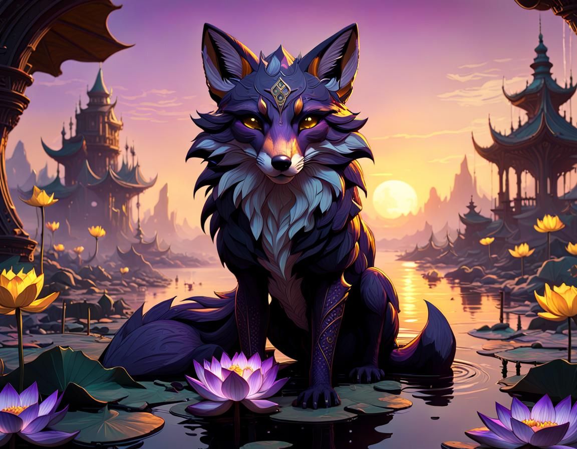 Black Lotus Sunset Fox in Dark Fantasy Style