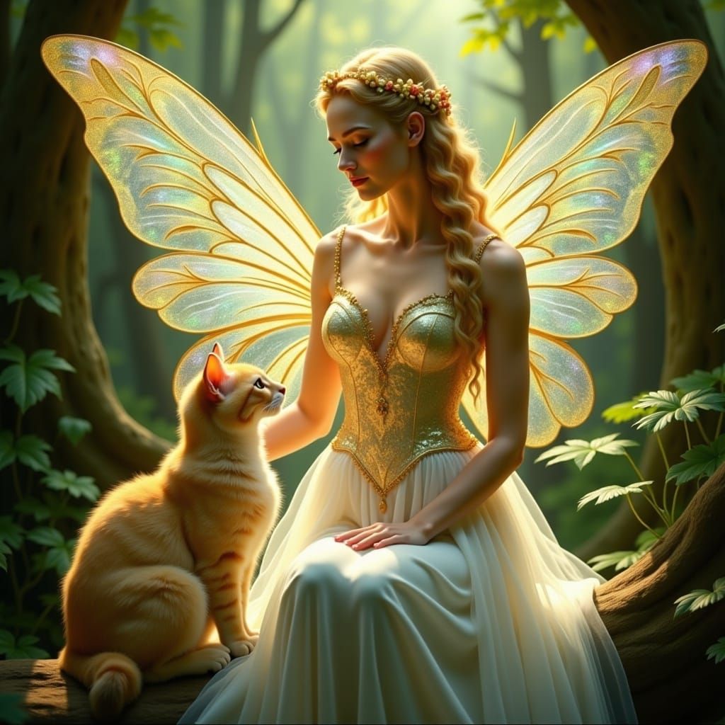 A Golden Fairy sitting with a Yellow Tabby cat...