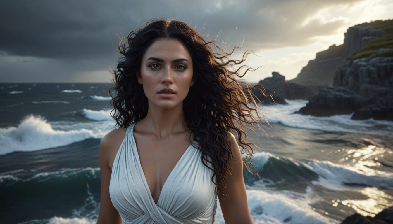 Veloura the Siren: Ancient Greek Singer on Stormy Shore