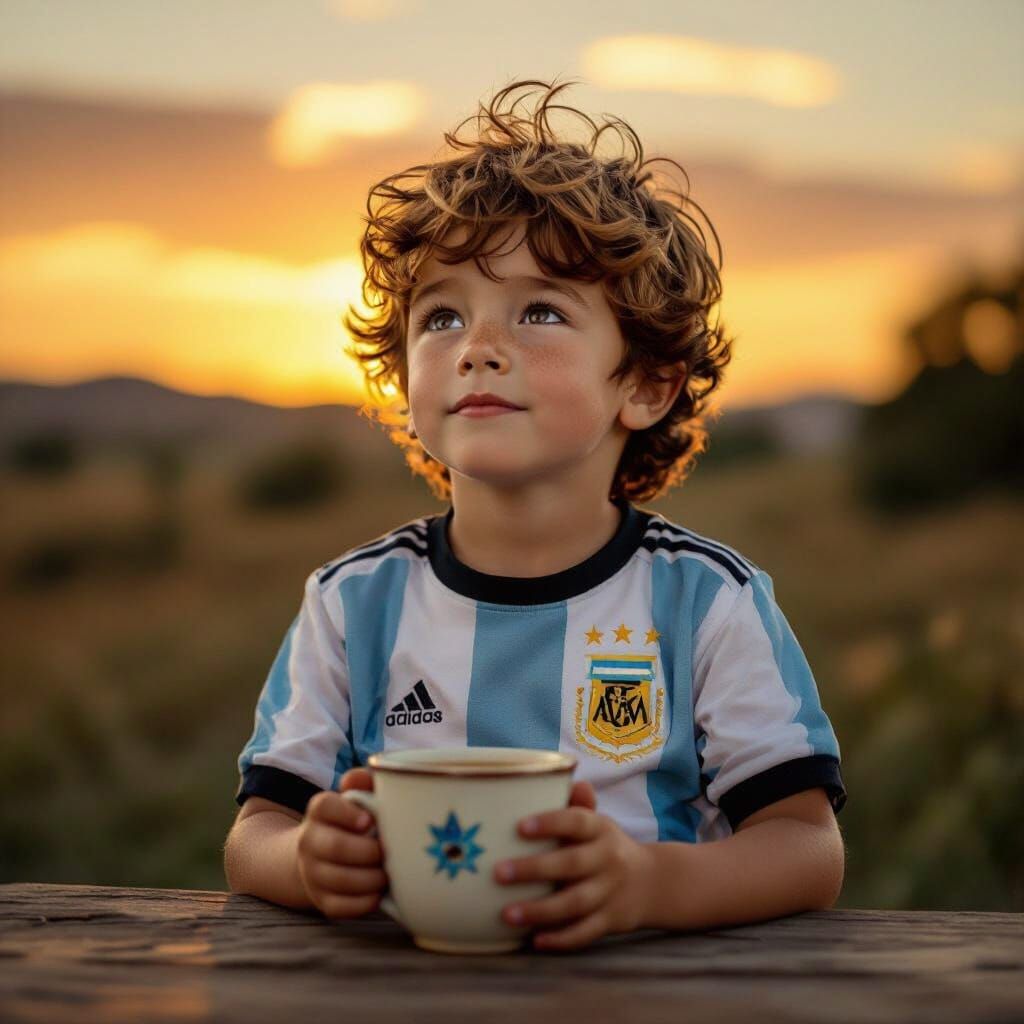Joyful Redhead Boy Drinks Mate in Argentina Jersey at Sunset