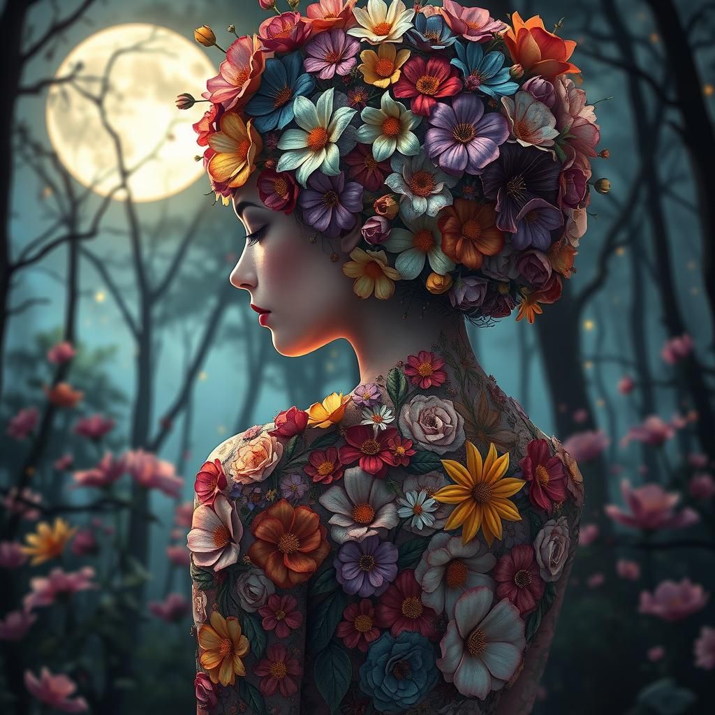 Floral Fairy in Moonlit Forest, Stained Glass Style