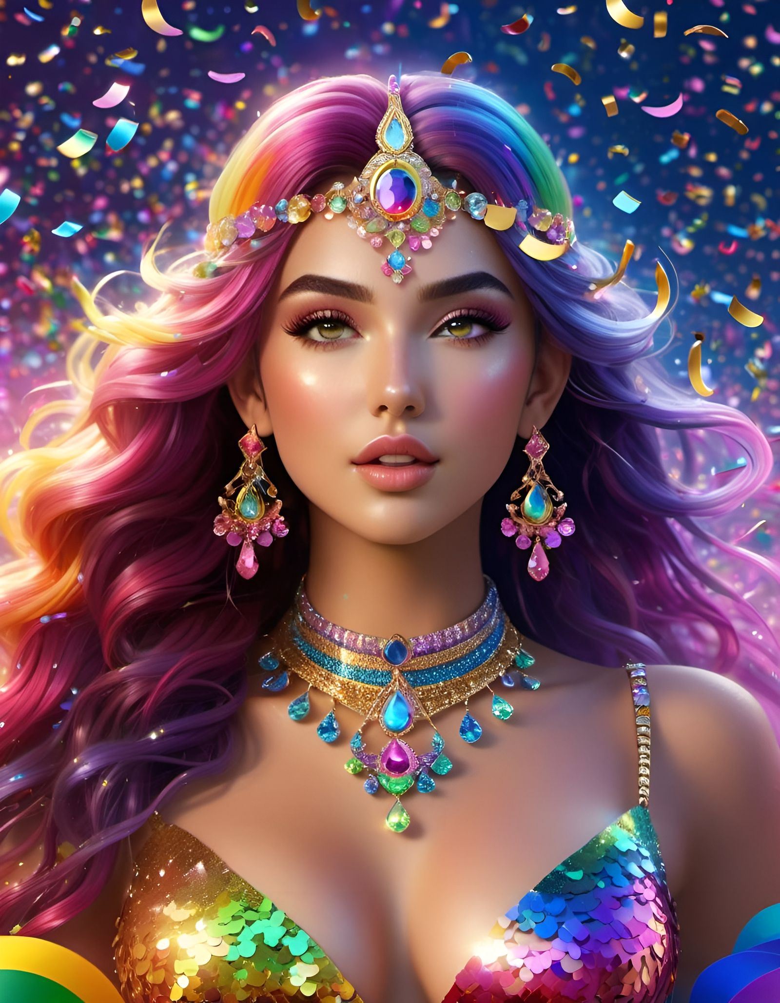 Rainbow Confetti Goddess in Detailed Matte Painting