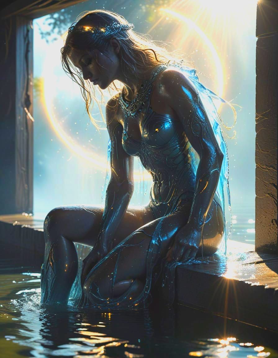 Moon Halo with Neon Water and Sun-Shrouded Figure