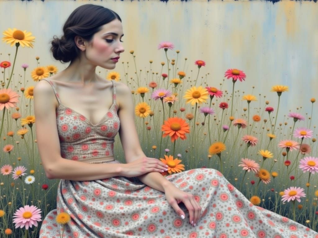 Woman with Floral Background in Klimt Style