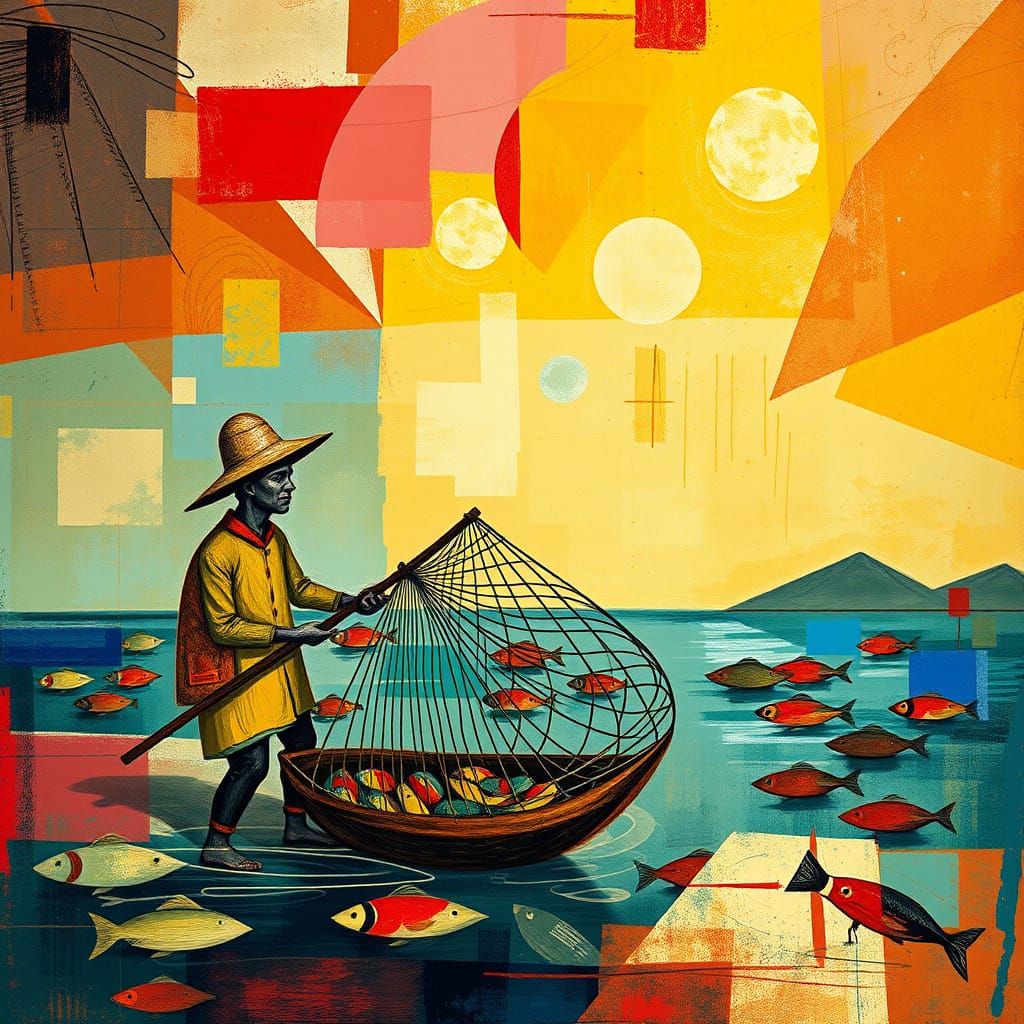 Cubist Whimsy: Dreamlike Fisherman's Catch