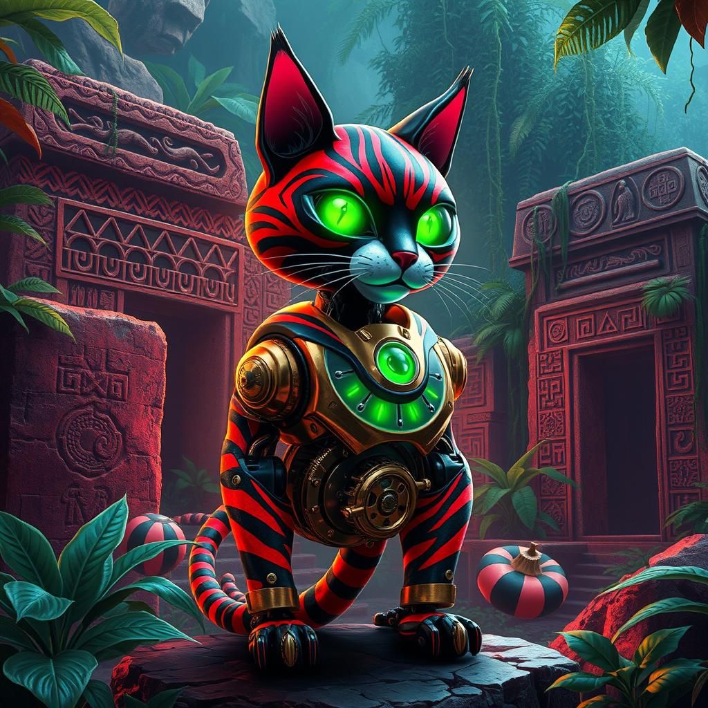 Cyberpunk Robot Cat in Jungle Ruins