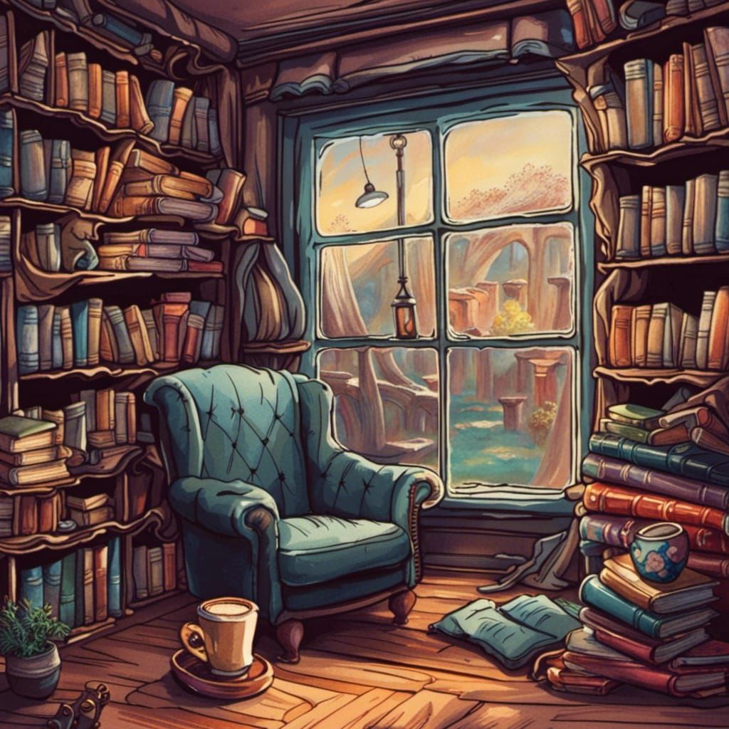 Cozy Reading Nook Sticker Art in 8K
