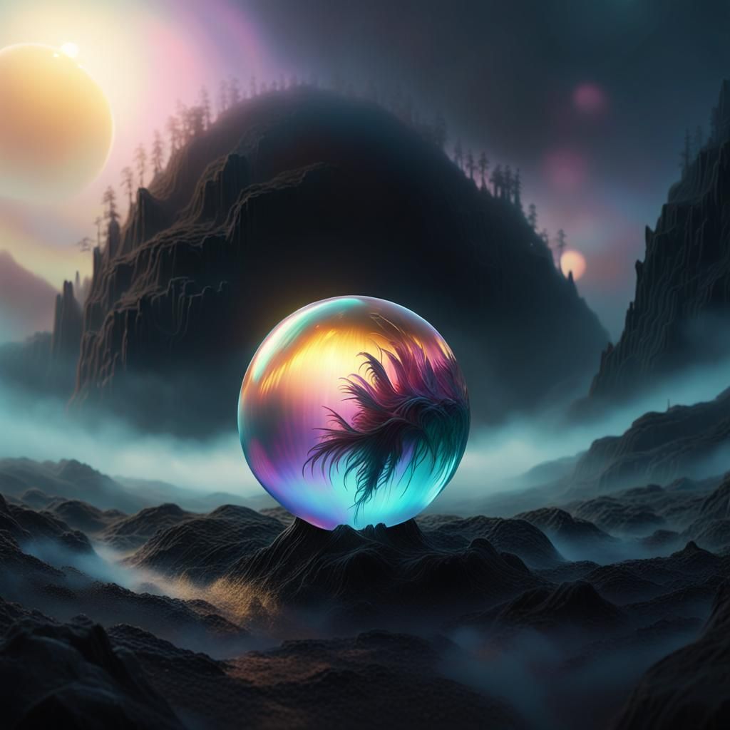 Iridescent Sphere in a Surrealist Landscape