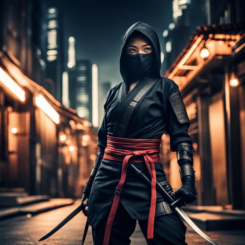 Night Ninja in Hyperrealistic Cityscape