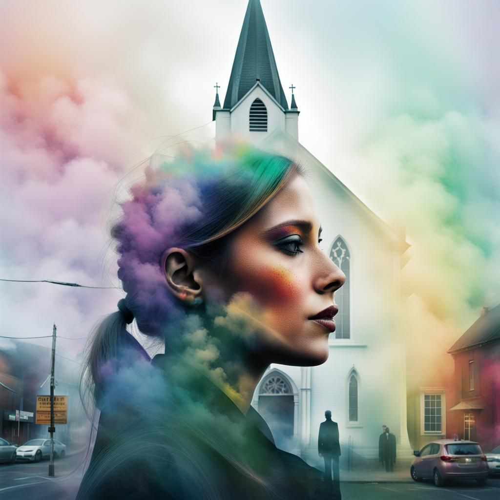 Double Exposure Portrait with Church and Rainbow Fog