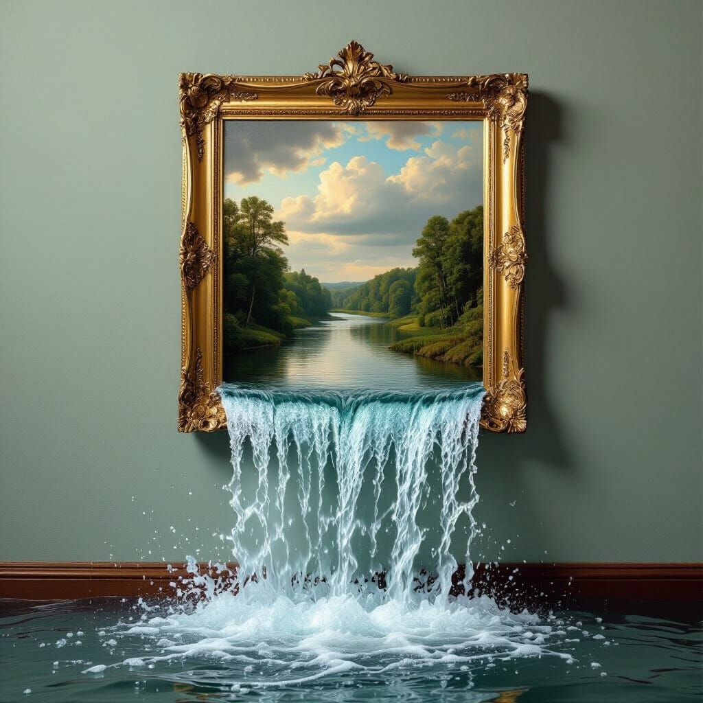 Surreal Painting With Waterfall River Flowing Onto Wall