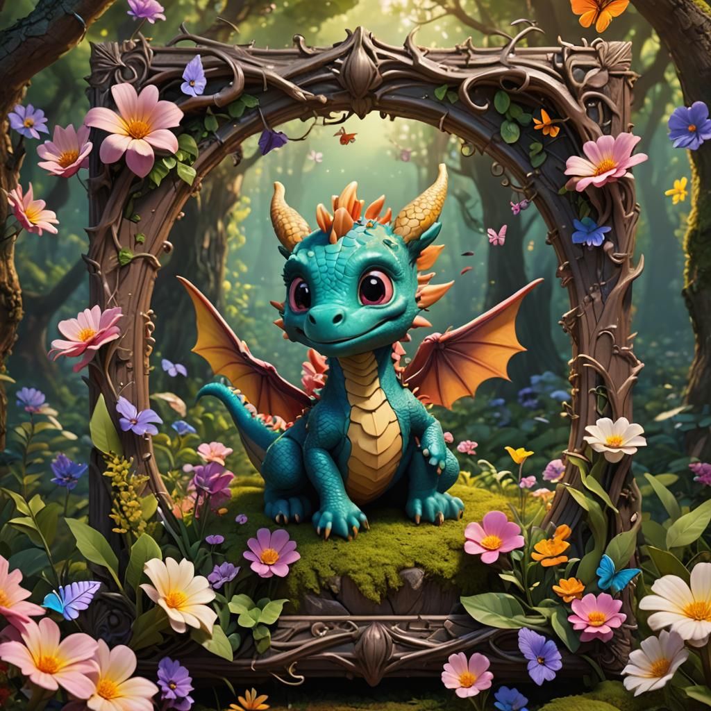 Cute Baby Dragon in Forest Frame, Pixar Style