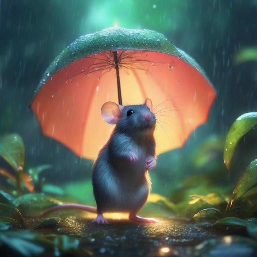 Mouse Under Neon Umbrella in Enchanting Garden