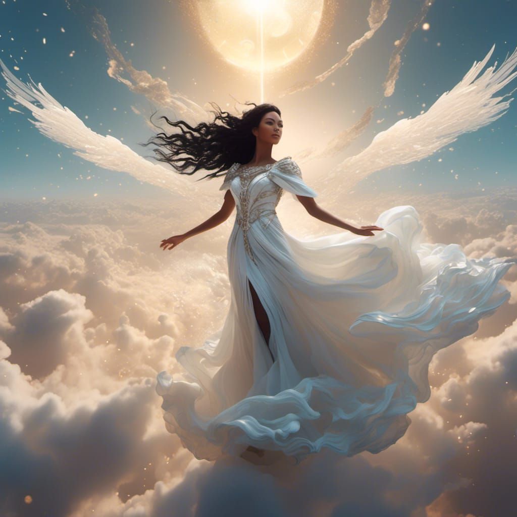 Woman Soaring in Clouds with White Dress