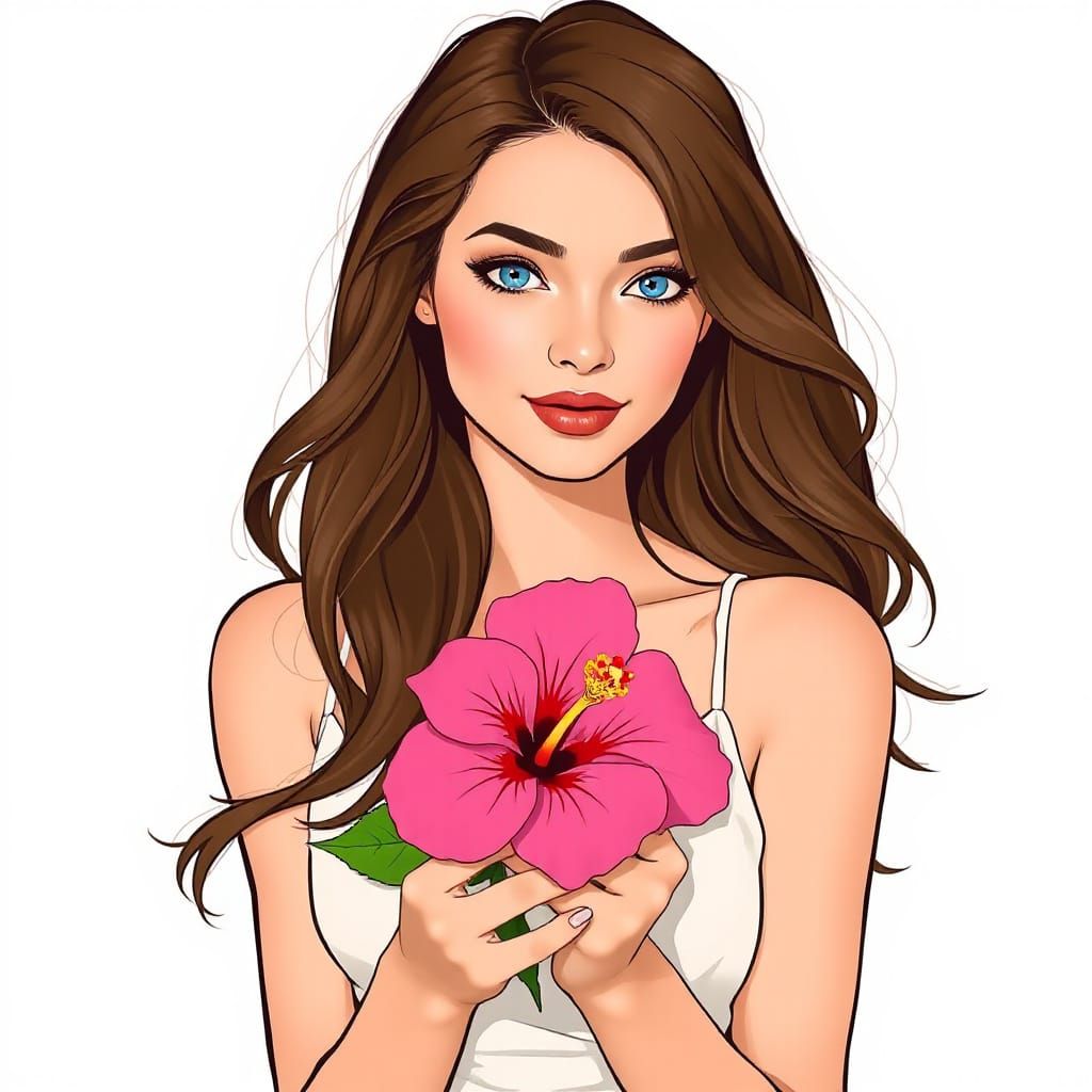 Elegant Woman with Hibiscus Flower, Art Nouveau Style