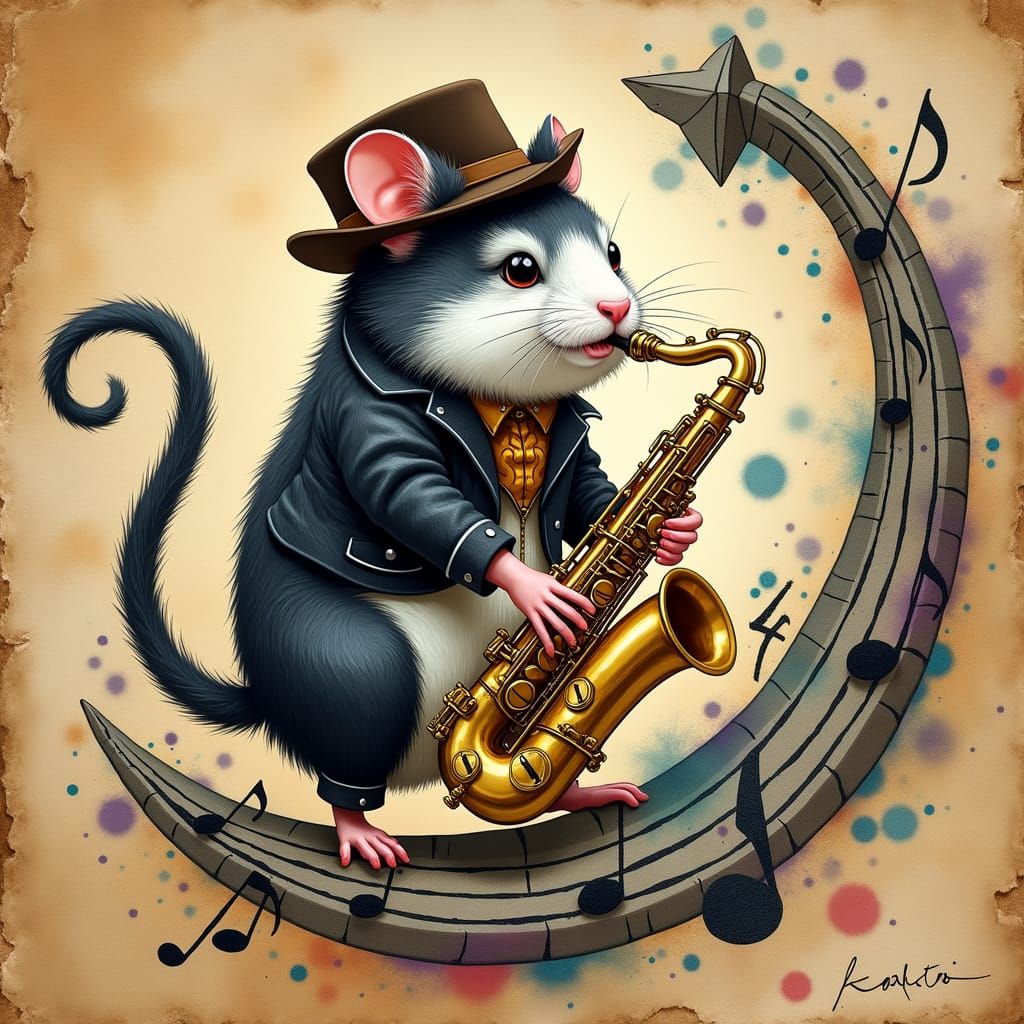 Steampunk Hamster Saxophonist in Watercolor Style