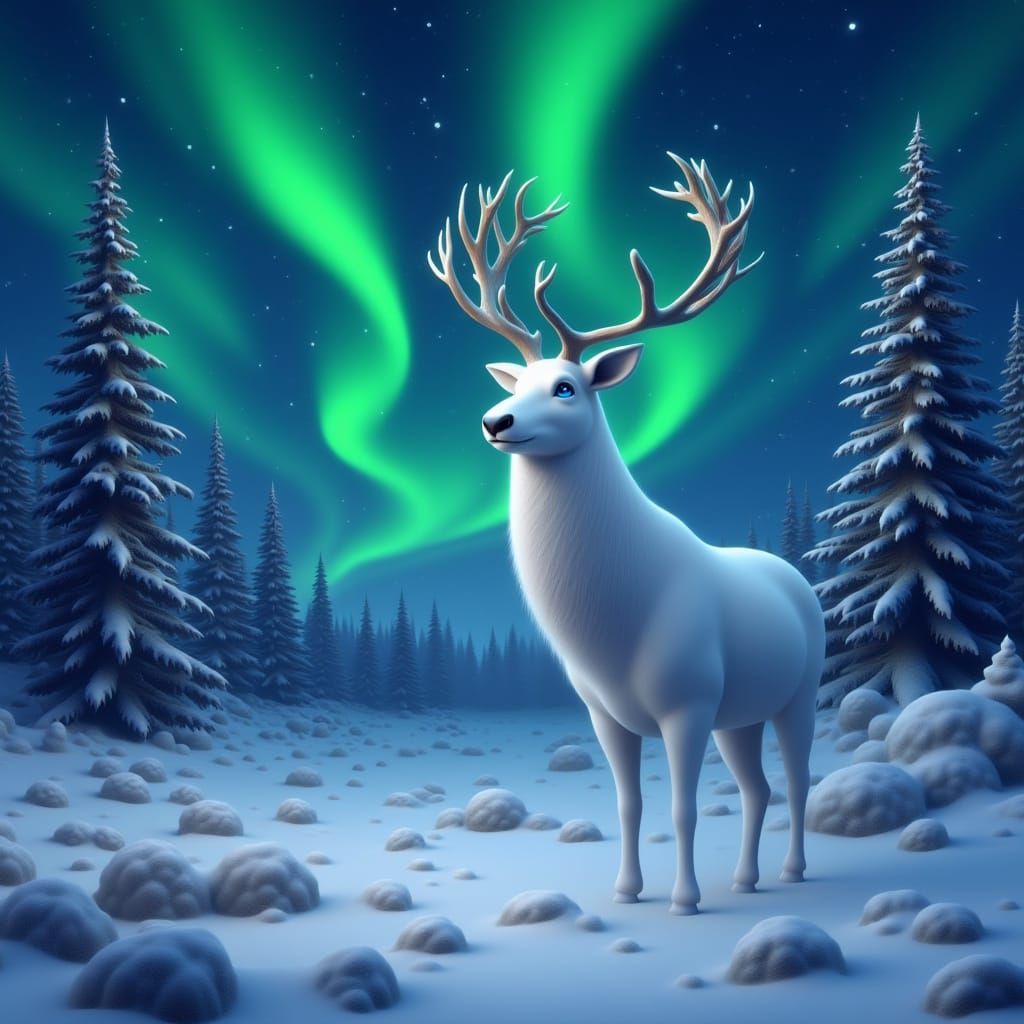 White Reindeer Under Northern Lights Digital Painting