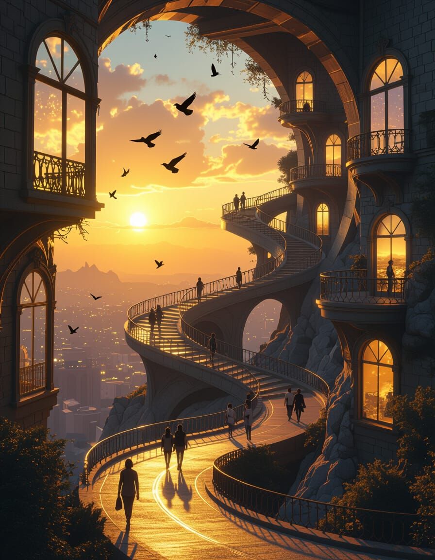 Surreal Golden Shimmer Sunset and Staircase