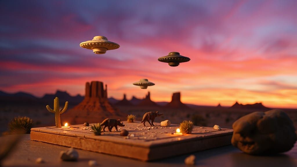 UFOs Over Desert Diorama in 8-bit Style