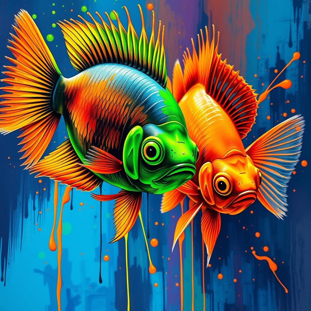 Neon Aquarium Fish Graffiti Art