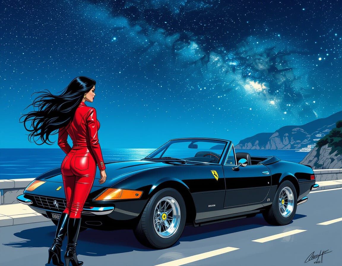 Italian Woman with Ferrari, Comic Art Style