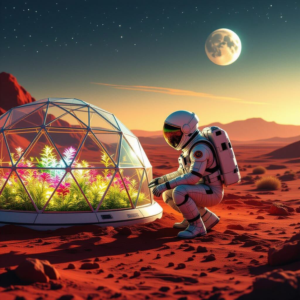 Astronaut Tends Glowing Martian Garden in Geodesic Dome