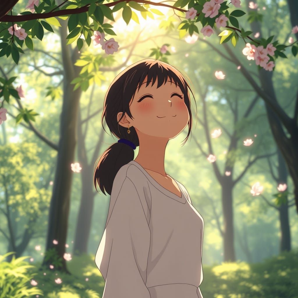 Serene Woman in Sun-Dappled Forest Clearing