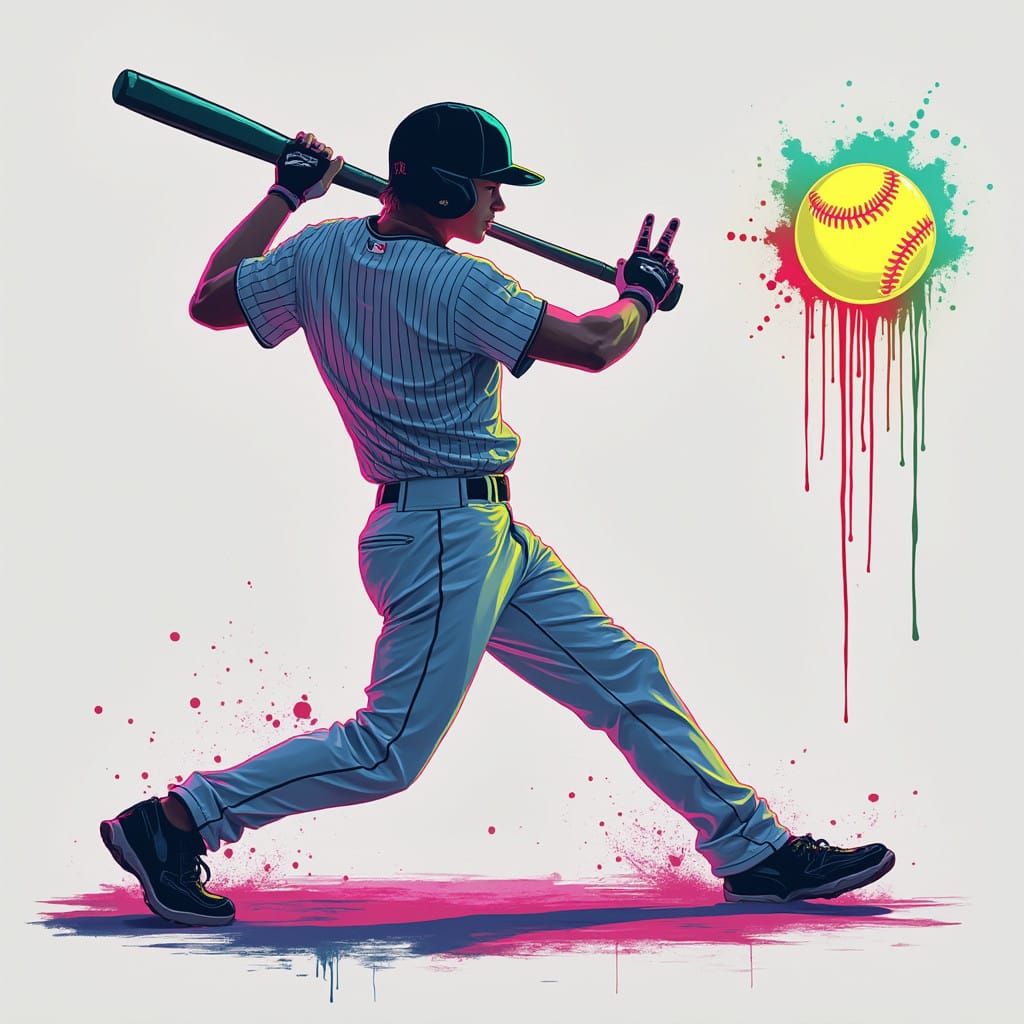 Futuristic Baseball Player in Mid-Swing with Neon Bat and Gl...