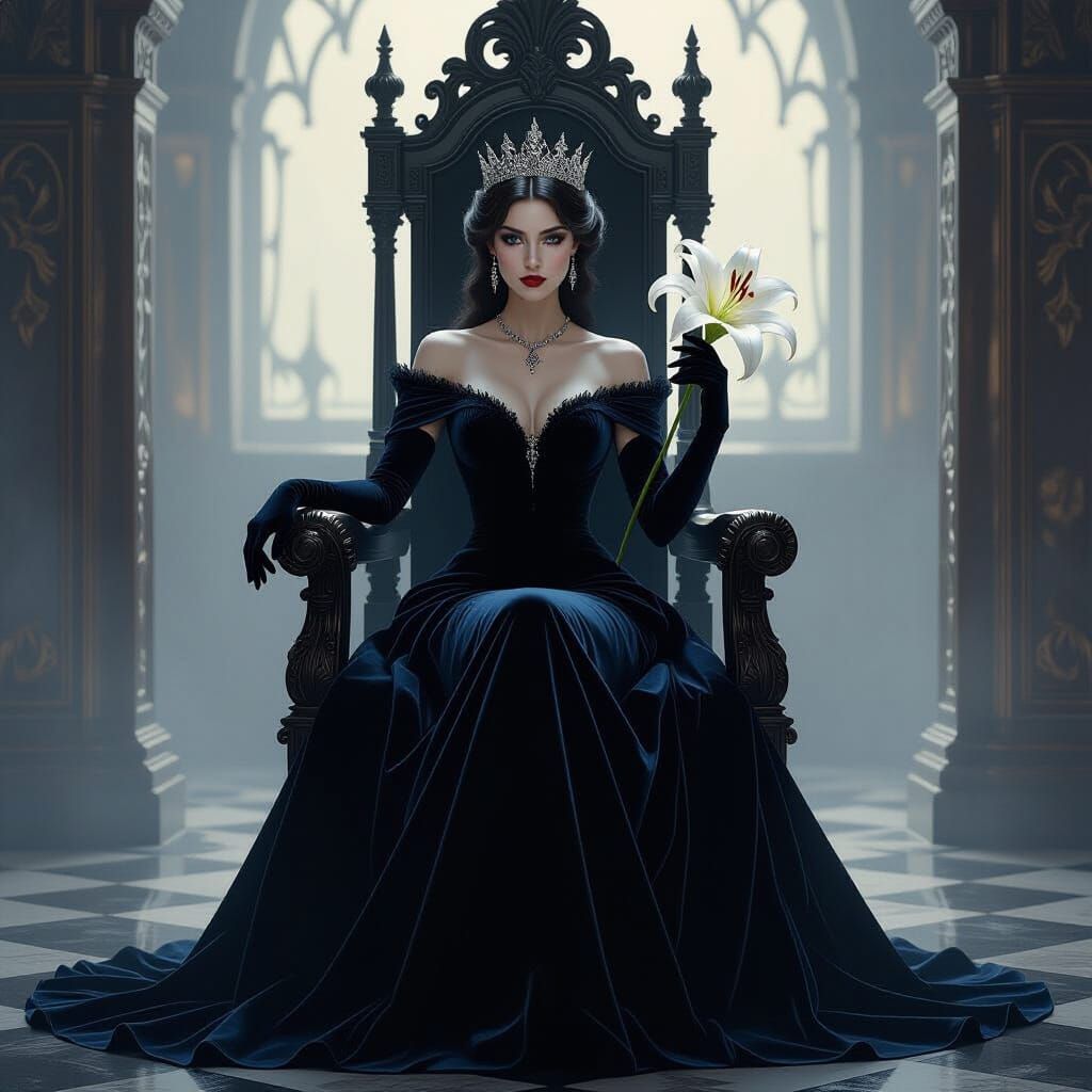 Melancholy Queen with Lily in Victorian Gothic Style