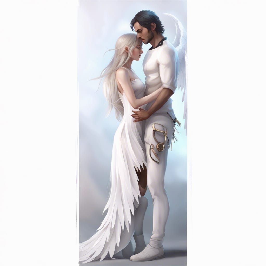 A female angel with beautiful white wings and a male demon with torn black wings, angel and demon hugging, Light of God ...