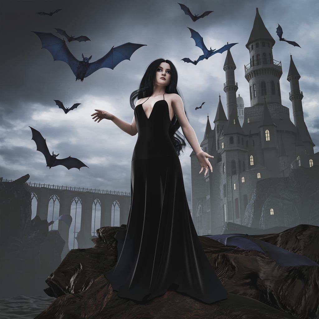 Dark Fantasy Woman with Bats and Gothic Castle