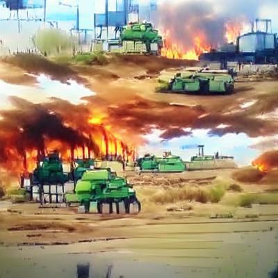 Anime War Scene in Burned Wasteland with Tanks