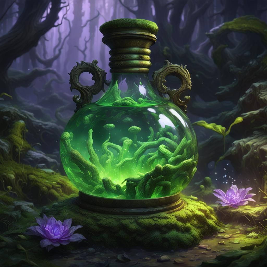 Swamp Druid's Acid Breath Potion in Dark Fantasy Style