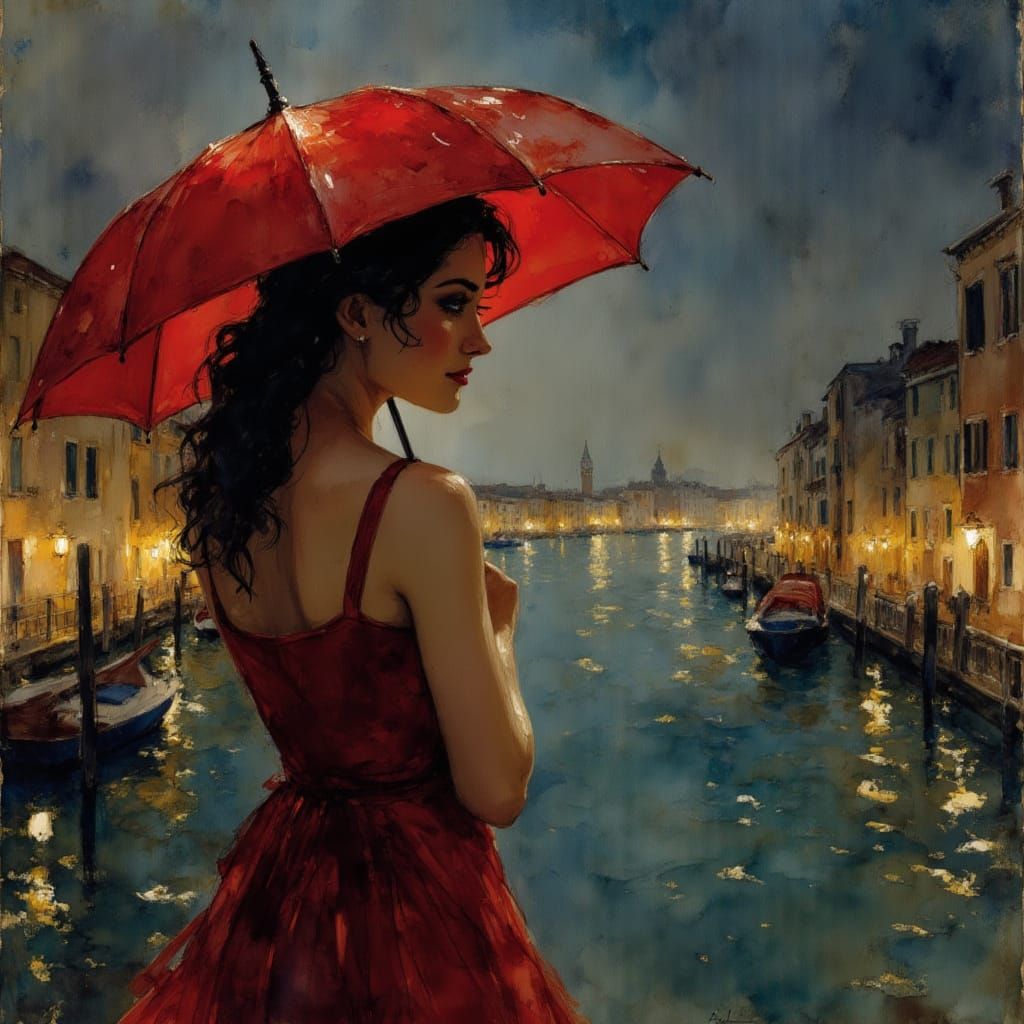 Woman with Red Umbrella on Rainy Venice Night