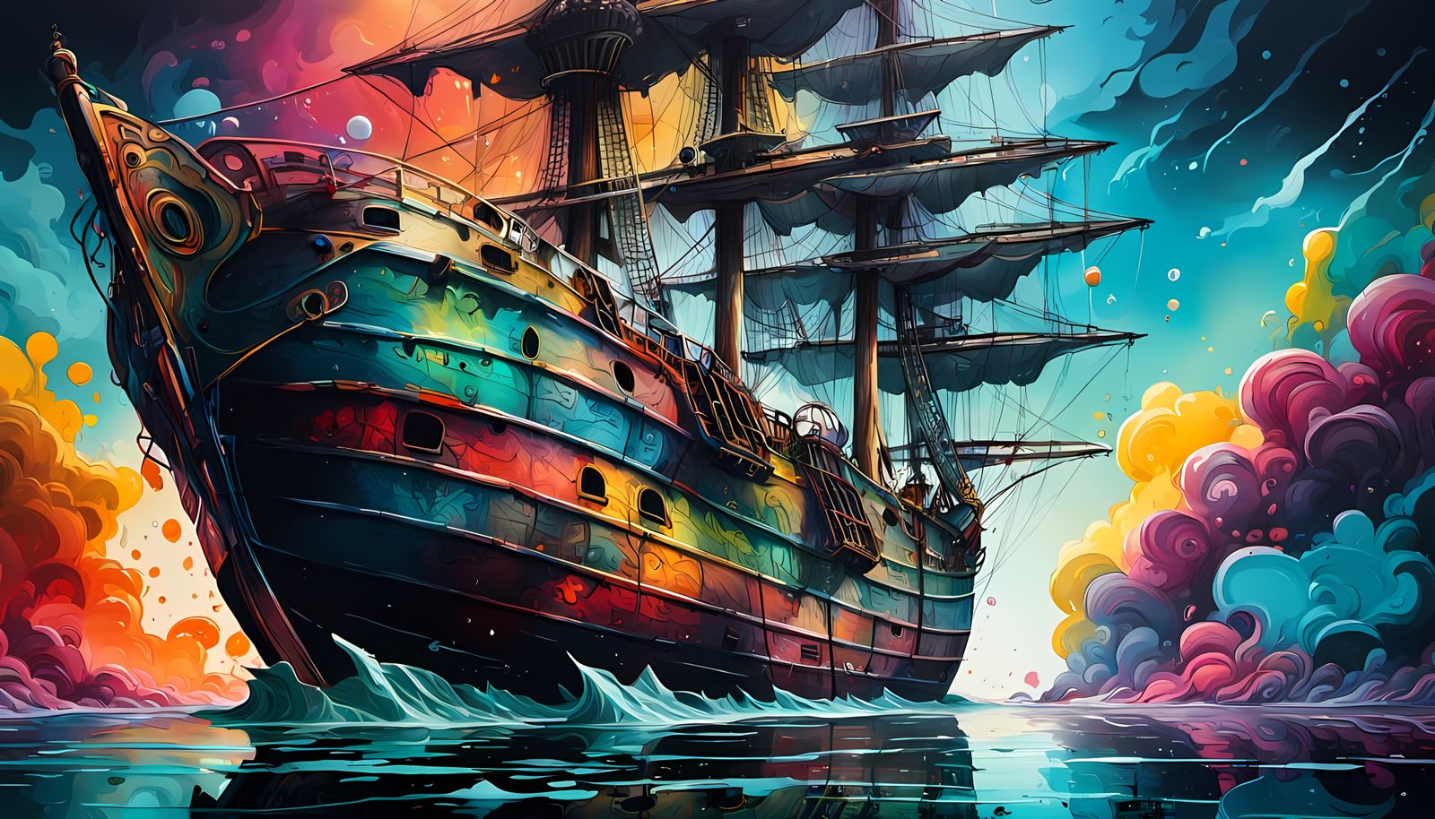Vibrant Fantasy Sailing Ship Graffiti Art