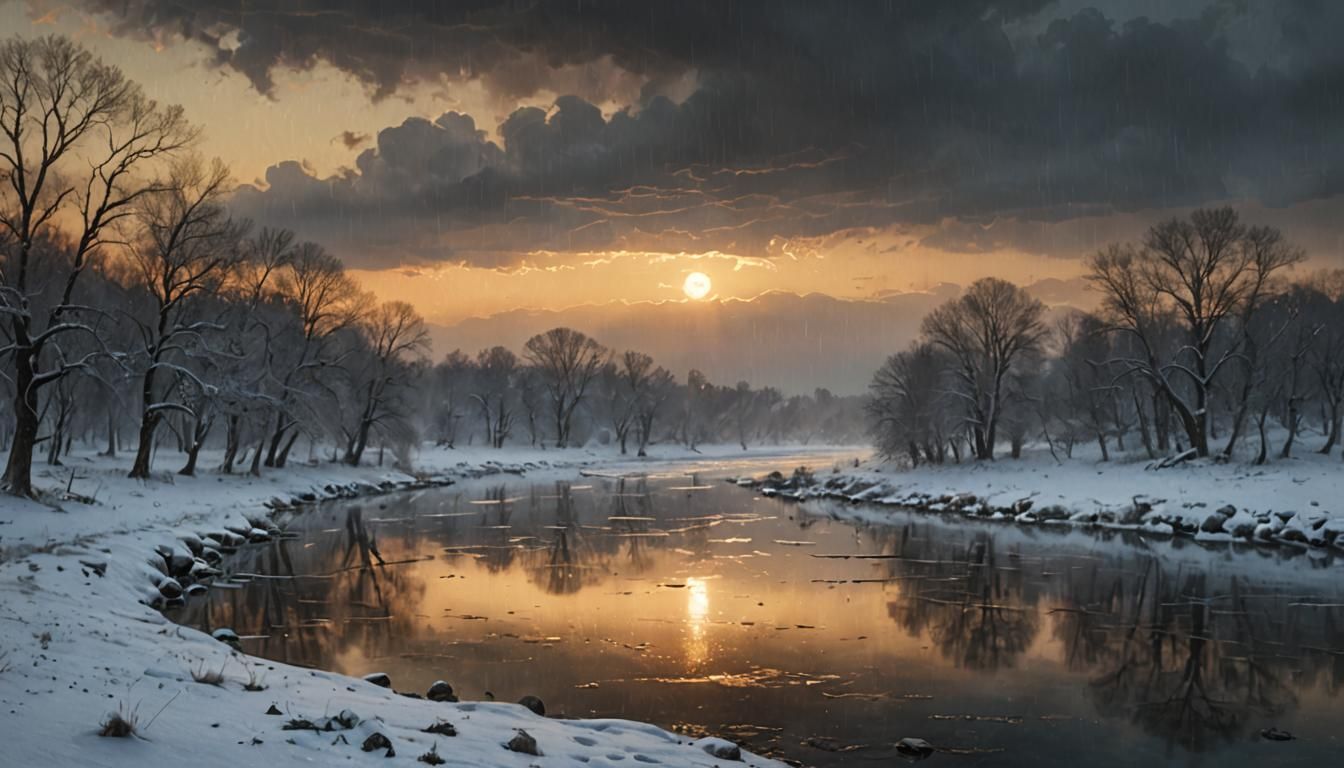 Serene Sunrise Snowscape in Tonalist Style