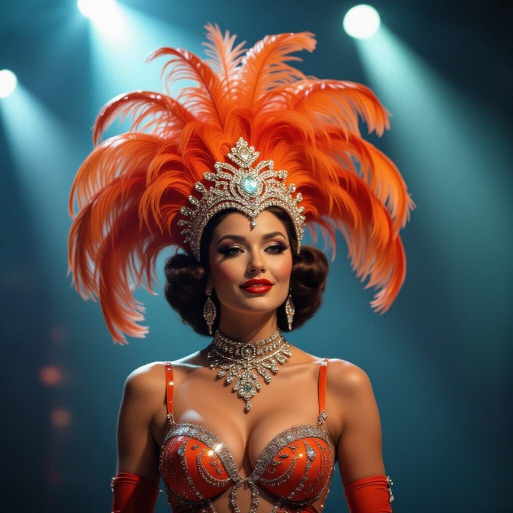 Glamorous Showgirl in Orange Feathers, Vintage Cabaret Style