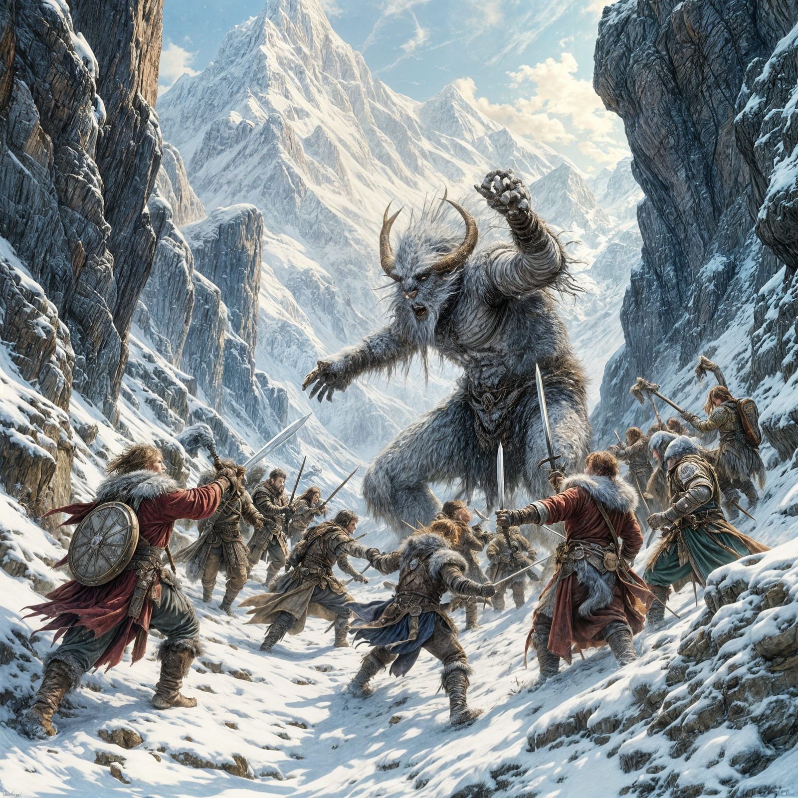 Adventurers Battle Frost Troll in Pastel Illustration