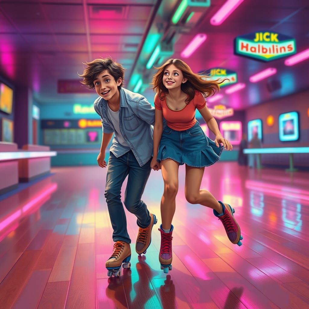 Charming Couple Skates in Neon-Lit Retro Rink