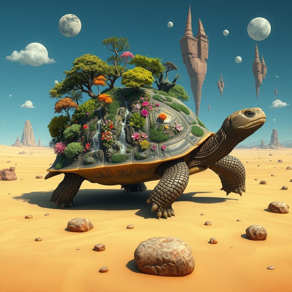 Dreamlike Tortoise Ecosystem in Surrealist Landscape