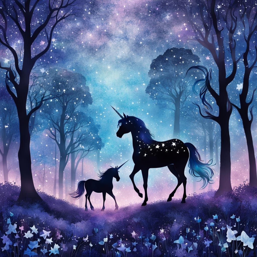 Dreamscape: Silhouetted Unicorn in Bluebell Glitter
