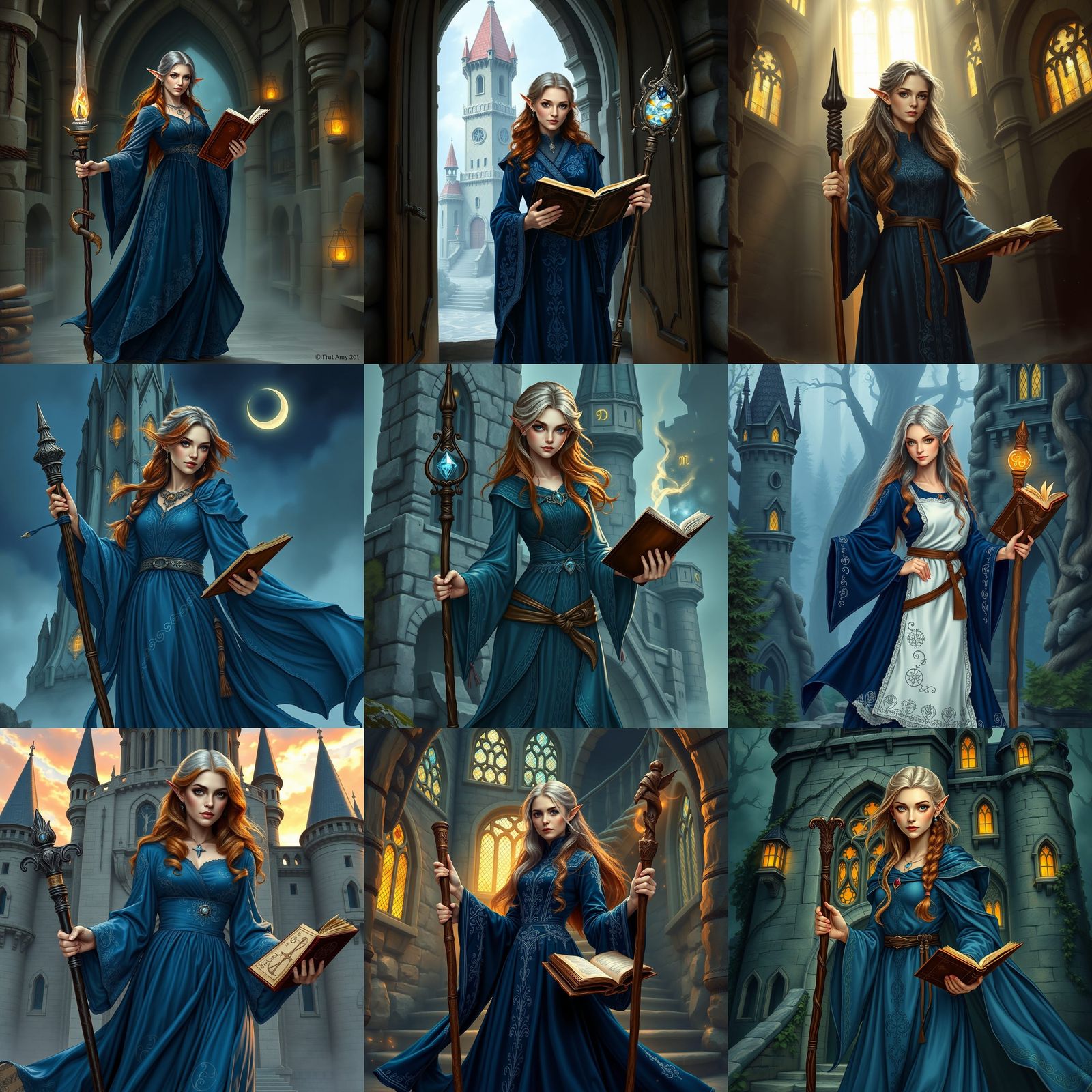 Half-Elven Wizard with Staff and Spellbook at Tower