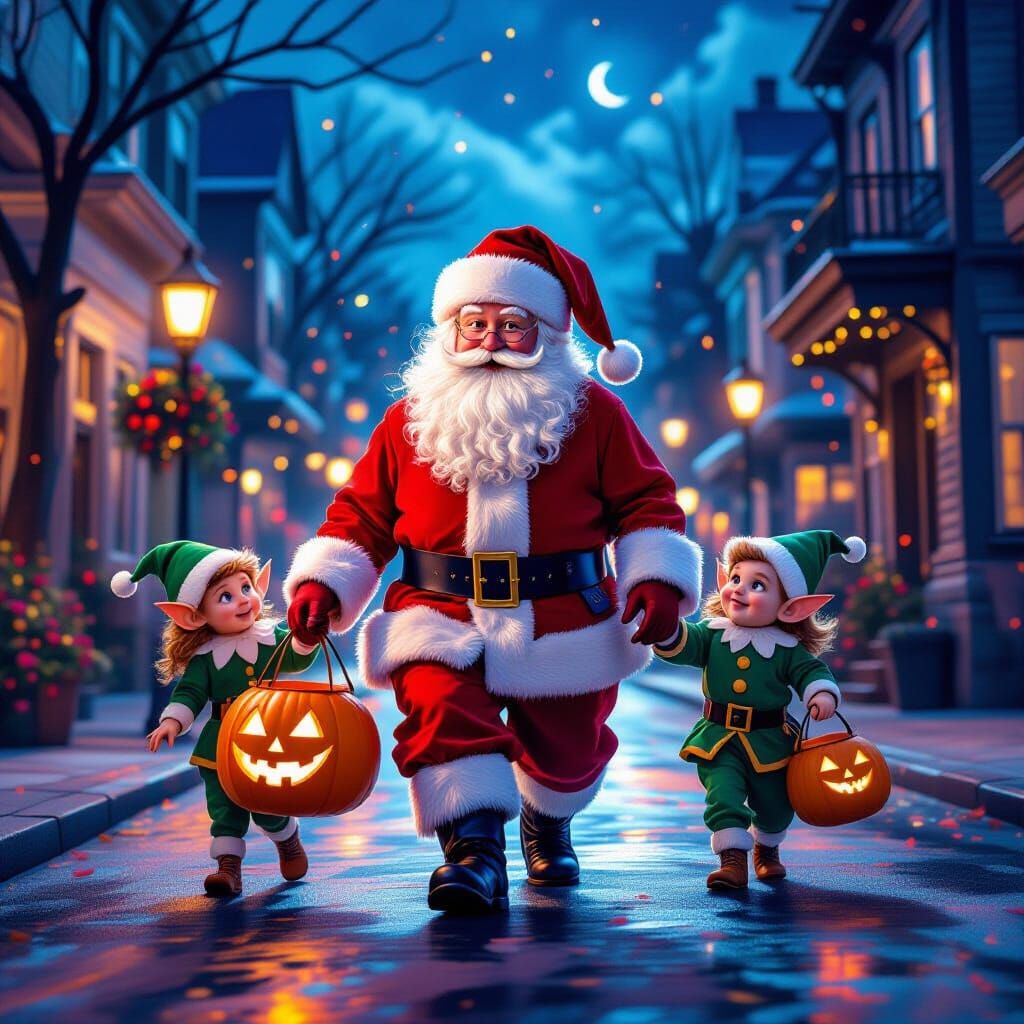 Santa Claus Trick-or-Treating with Elves in Hyperrealistic S...