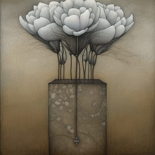 Detailed Floral Still Life in Surreal Style