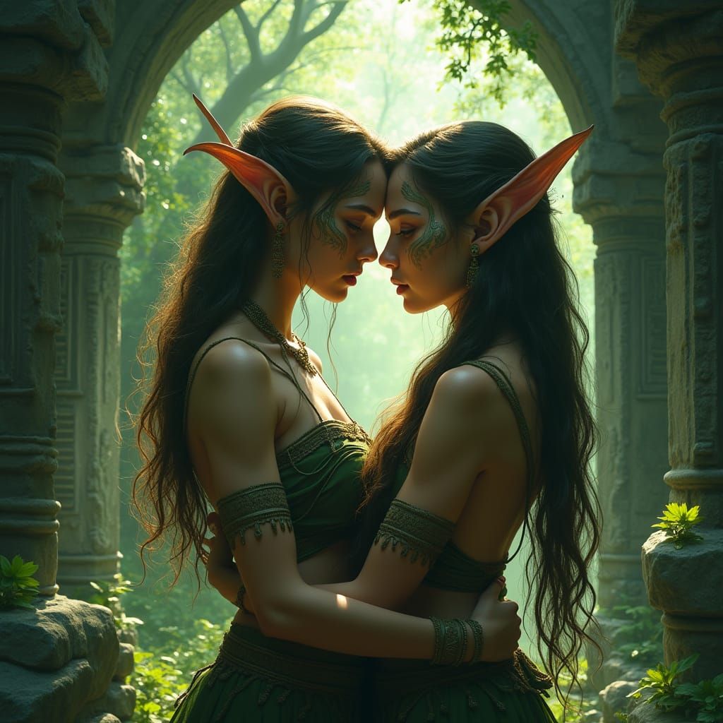 Elven Huntresses Embrace in Ancient Ruins