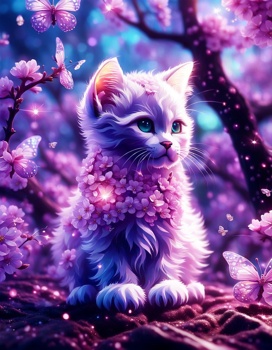 Glass Cherry Blossom with Kitten, Fantasy Illustration