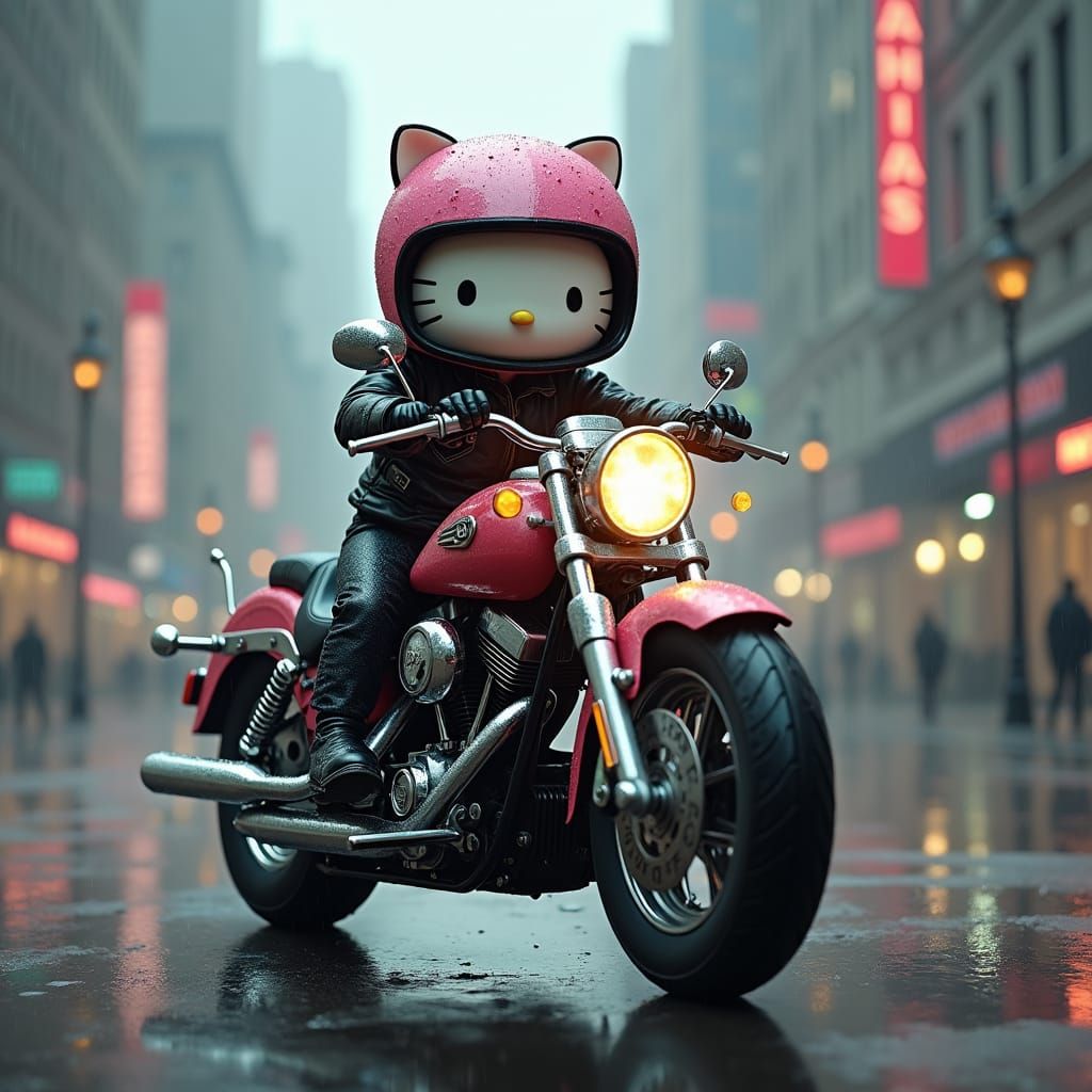 Hello Kitty Rides Harley in Rainy Cyberpunk City