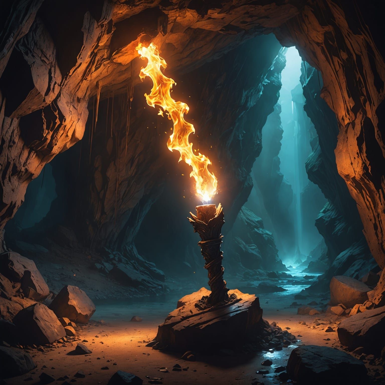 Hyperrealistic Torch in a Detailed Cave