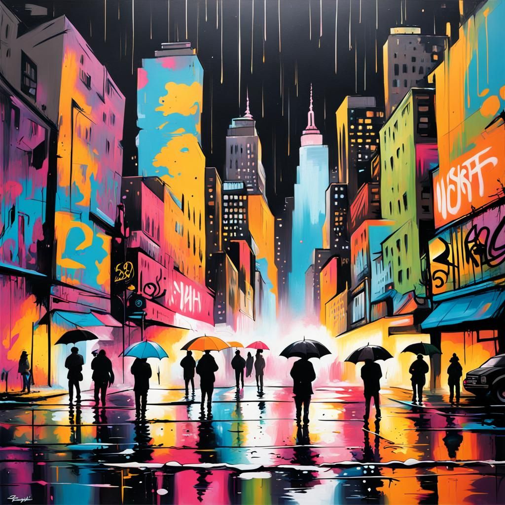 Rainy New York City at Night: Graffiti Art