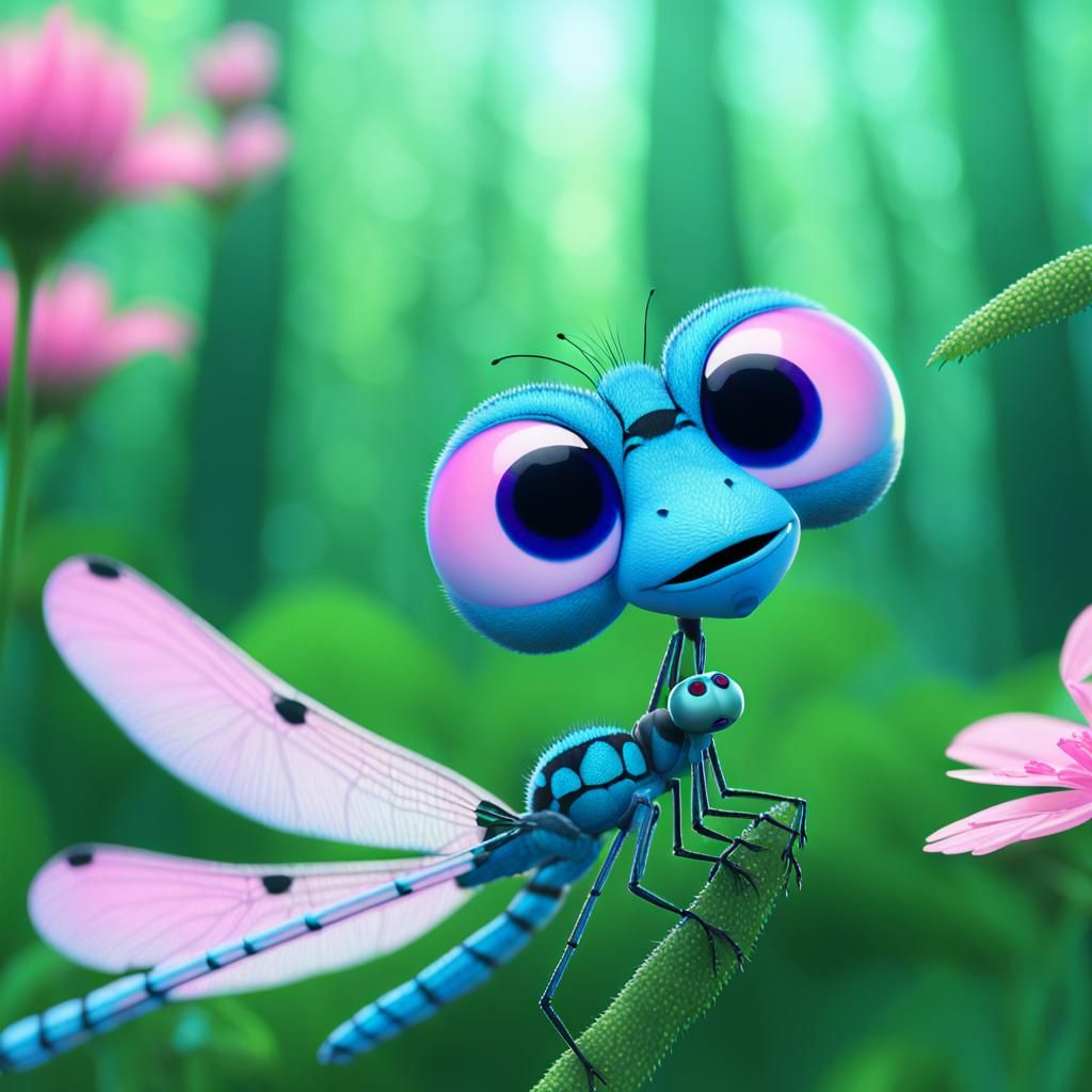 Damselfly with Iridescent Eyes, Pixar-Inspired 3D Art